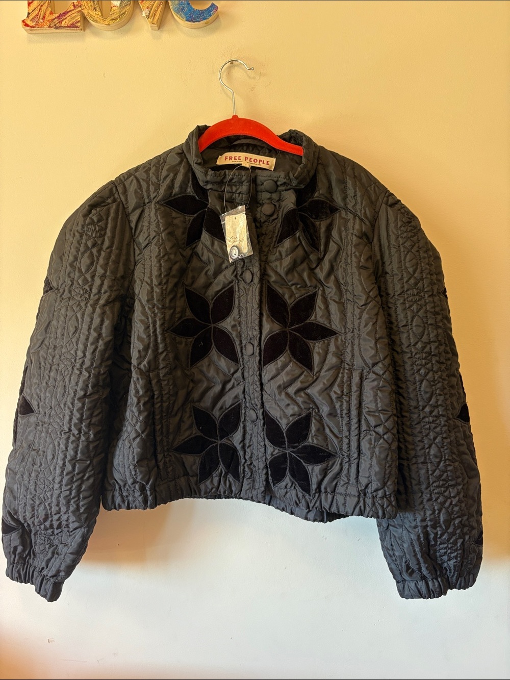 Free People Black Quilted Velvet Appliqué Puffer Jacket